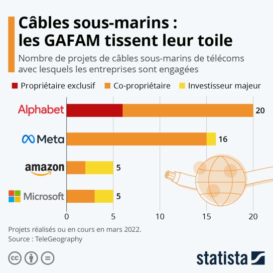 Lien vers: https://fr.statista.com/infographie/15784/projets-de-cables-de-telecommunications-sous-marins-realises-par-les-gafam/